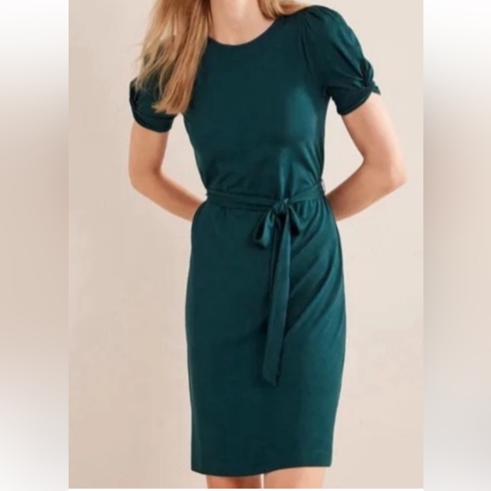 Boden Dark Green Belted Waist Short Sleeve Knot Detail Jersey Mini Dress